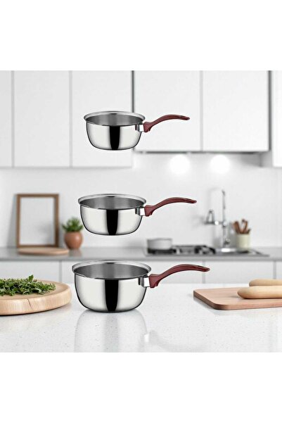 ÇEÇEN HOME 3-Piece Stainless Steel Milk Jug Coffee Pot Set with Red Handle (18Cm+15Cm+14Cm)