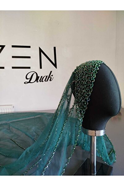 ZEN DUVAK طرحة زفاف مطرزة باللؤلؤ باللون الأخضر الزمردي