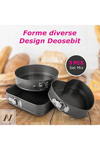 Aurov Set 3 tavi pentru Copt, Aurov®, Forma Inima/Rotunda/Patrata, cu Baza Detasabila, 24/26/28 cm, Negru