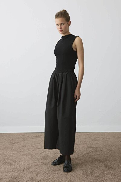 Hooopstore High Waist Draped Pleated Detail Black Trousers