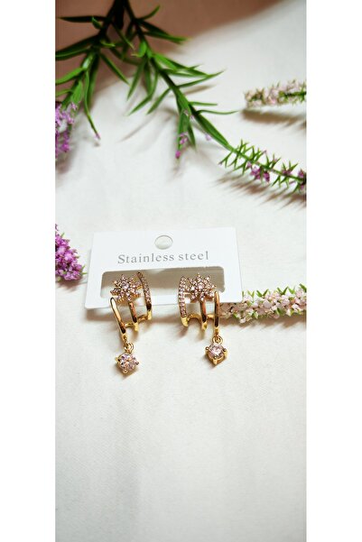 laniva bags Zirkon taşlı 3lü bitişik küpe paslanmaz çelik gold