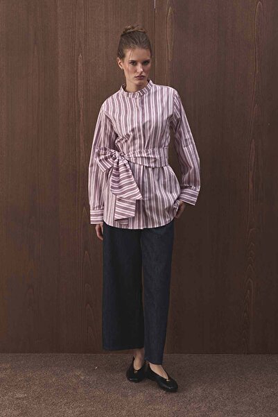 Hooopstore Premium Detachable Tie Detail Striped Poplin Plum Shirt