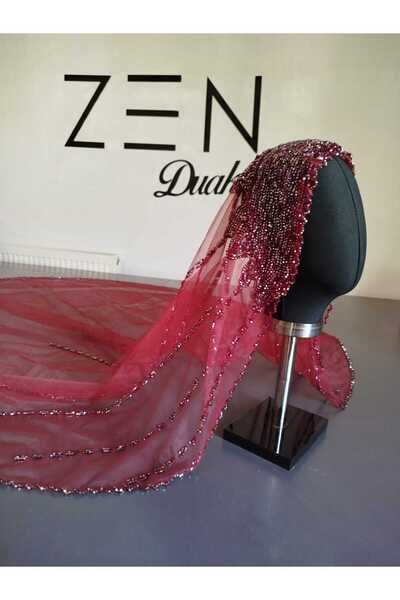 ZEN DUVAK Bordo Nakışlı Gelin Duvağı