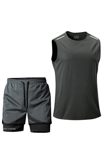 OEM Men's 2-piece sports set with casual tank top and double shorts, Gray - S