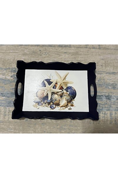 DERYA DESİNG ART Oyster Patterned Hand Painted Wooden Tea-Coffee Tray, Presentation Tray 39X27Cm