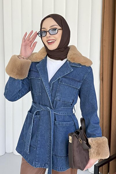 Modaensarbutik Kürklü Denim Ceket-MAVİ