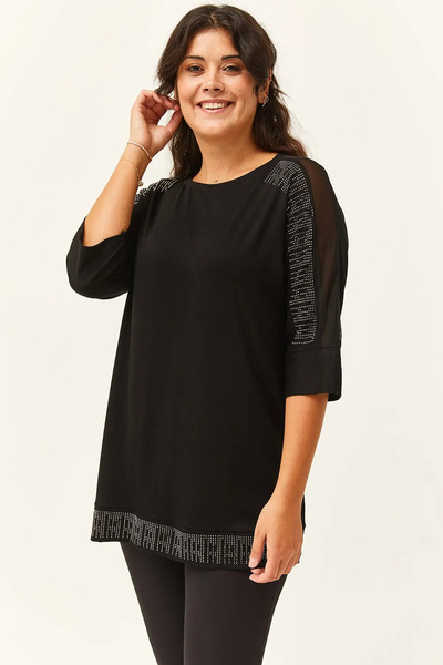 FOR ESRA BIG TREND Women's Plus Size Shoulder Tulle Stone Detail Three Quarter Sleeve Stretchy Viscose Blouse