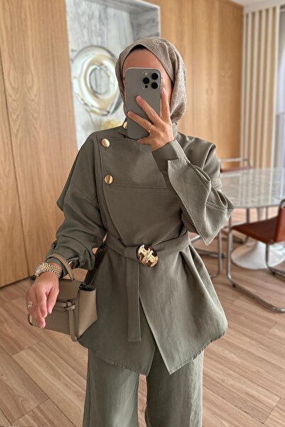 Ka Hijab Shoulder Buttoned Trench Suit - Green