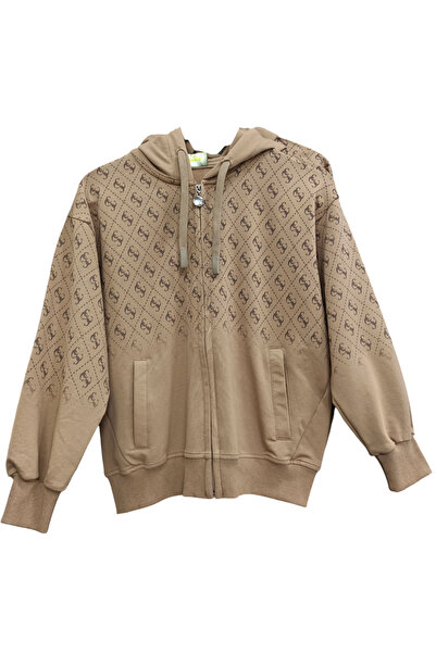 İrem Çocuk Giyim Light Brown Cardigan with Letter Pattern on It, Zipper Closu...