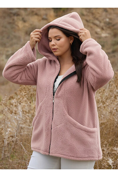 ModaSehle Women's Large Size Long Sleeve Pocket Hooded Zippered Plush Cardigan Jacket