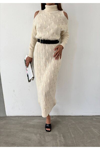 GİYSİ DÜNYASI 57 Tricot Fabric Fisherman Collar Knit Detailed Midi Length Dress