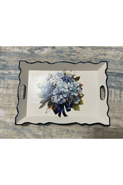 DERYA DESİNG ART Ortanca Patterned Hand Painted Wooden Tea-Coffee Tray, Presentation Tray 39X27Cm