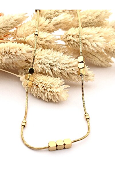 Siya Silver Kararmaz Çelik Yılan Zincir Sıralı Küp Topçuk Detaylı Kolye