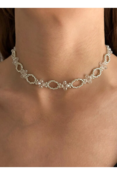 Handmade Özel Tasarım Kristal Cam Boncuklu Choker Kolye – Rodyum Kaplama Klip...
