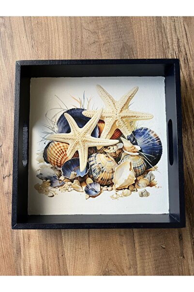 DERYA DESİNG ART Oyster Patterned Hand Painted Square Wooden Tea-Coffee Tray, Presentation Tray 25X25Cm