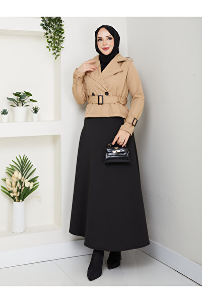 modapark.ist Γυναικεία καμπαρντίνα με λεπτομέρεια με ζώνη πάνω από τη φούστα