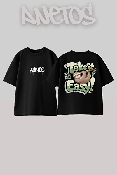 Anetos Tricou Take It Easy Design B cu imprimeu Bumbac Negru O supradimensionat