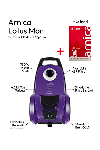 Arnica LOTUS ET14260 750W TOZ TORBALI ELEKTRIKLI SÜPÜRGE MOR + TOZ TORBASI HE...