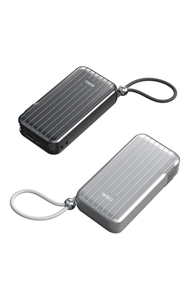 WIWU 10000mAh Trunk Power Bank, ideal for travel, with universal plug and built-in cables for phones.