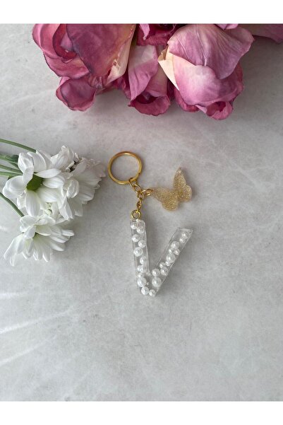 Bellinzona V Letter Pearl Подробен ключодържател и талисман [с опция за помпон]