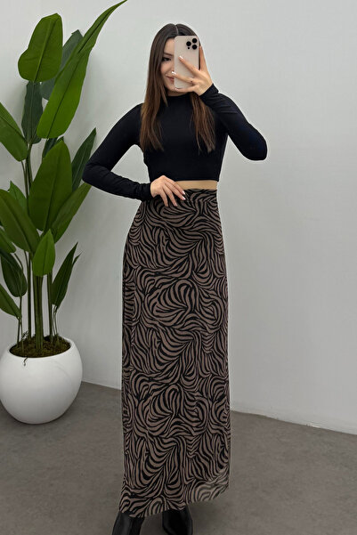 Bipantolon Women's Brown Wave Zebra Printed Maxi Tulle Skirt with Back Elastic Detail and Zipper