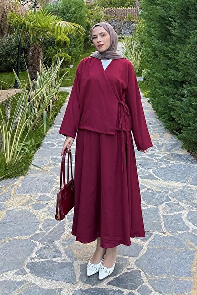 lamelif Lace-Up Detailed Skirt Suit Burgundy