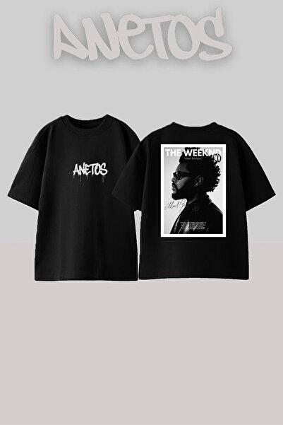 Anetos The Weeknd 1 Design Spate cu imprimeu Bumbac Negru supradimensionat tr...