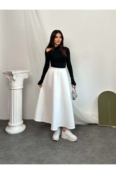 Hatun Atila Elastic Waist Scuba Fabric Flared Skirt 8936 - White