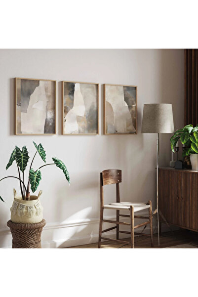 PAM STUDIO Bej Gri Tonlarında Modern Soyut 3’lü Tablo Seti – Minimal Duvar De...