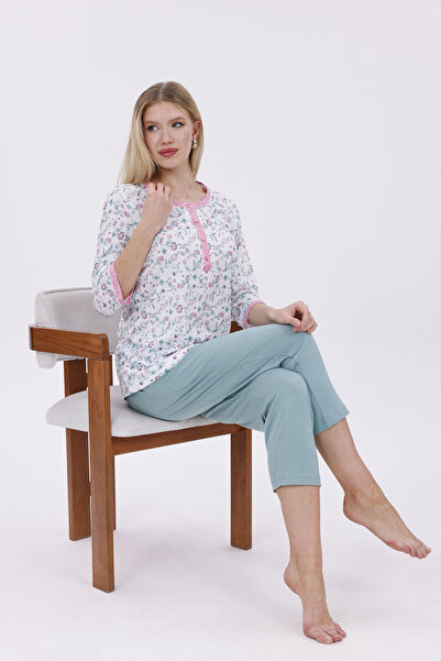 Mio Vero Women's Green Floral Patterned Fakir Sleeve Design Pajama Set