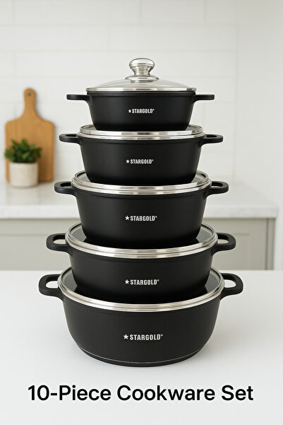 Stargold طقم أواني طهي فاخرة غير لاصقة ومصبوبة (١٠ قطع) - إصدار أنيق باللون الأسود