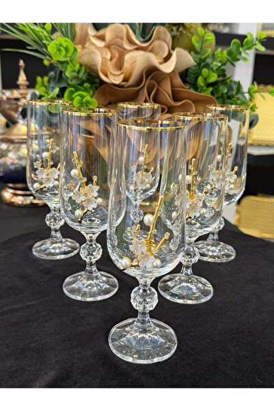 LOKMAN ZÜCCACİYE 6 Pieces Bohemia Crystal Gold Gilded Pearl Brooch Brown or Water Glass Cup 180 ml