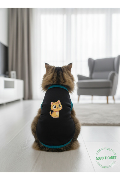 Gobo Yellow Cat Printed Winter Black Cat Dog Clothing Dress Small/S/Size 1