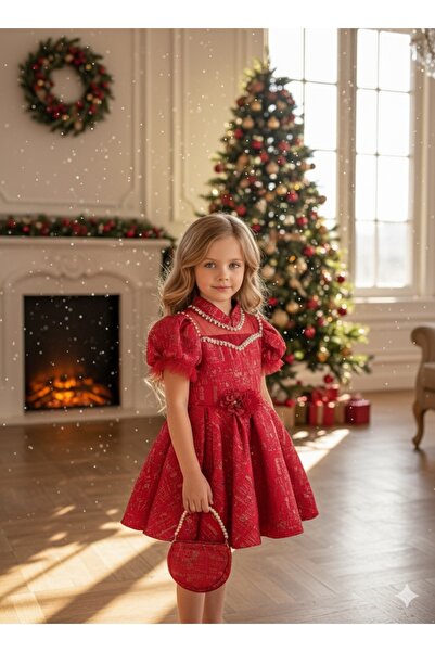 Mini Cool İNCİ VE TAŞ DETAYLI KIRMIZI BROKAR ÇOCUK ABİYESİ