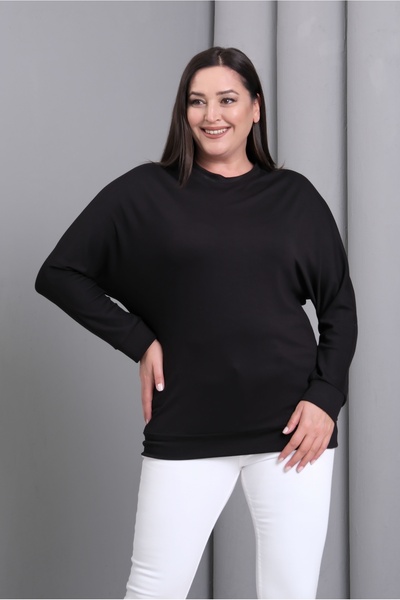 Şans Women's Plus Size Black, 2 Thread Back Stone Embroidered Wing Pattern Sweatshirt 65N39187