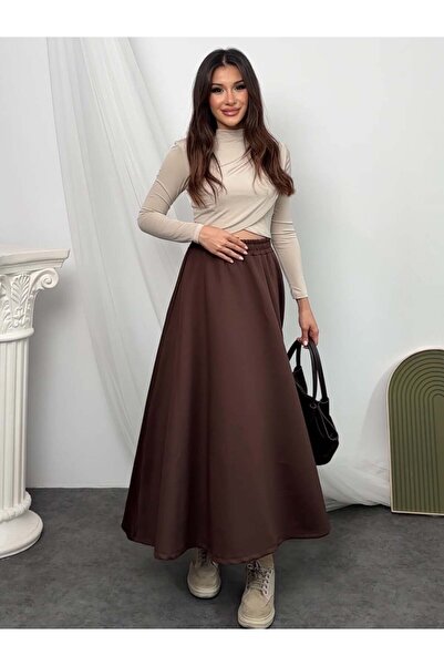 Hatun Atila Elastic Waist Scuba Fabric Flared Skirt 8936 - Brown