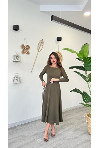 modadagiyim Women's Long Sleeve Boat Neck Belt Detailed Long Very Stylish Knitwear Dress