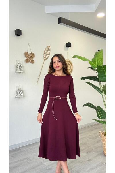 modadagiyim Kadın Uzun Kol Kayık Yaka Kemer Detaylı Uzun Çok Şık Triko Elbise