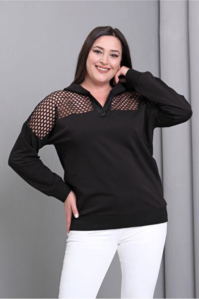 Şans Γυναικείο φούτερ με κουκούλα, μεγάλο μέγεθος, μαύρο, 2 κλωστές, λεπτομέρεια από διχτυωτό ύφασμα, 65N39189