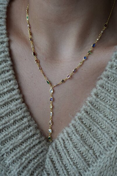 Genel Markalar Renkli Asimetrik Taşlı Y Kolye | 925 Ayar Gümüş