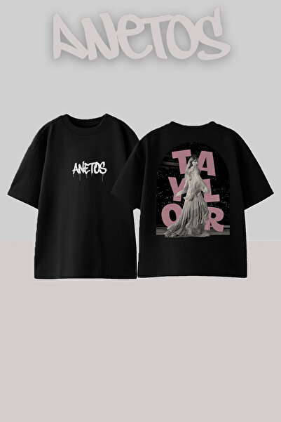 Anetos تي شيرت تايلور سويفت 2 مطبوع من الخلف من القطن باللون الأسود مقاس كبير