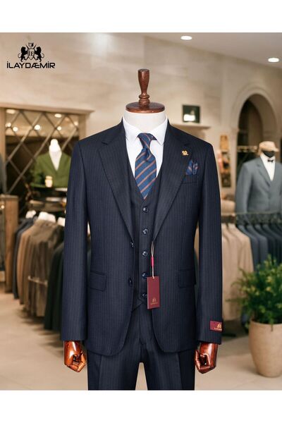 ilayda emir Italian Cut Blazer Striped Men's Suit Dark Blue
