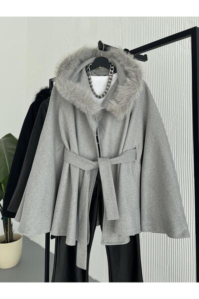FERZOLAİO Gray Cashmere Overcoat with Fur Detail