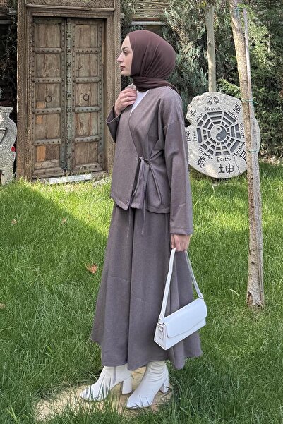 lamelif Lace-Up Detailed Skirt Suit in Mink Color