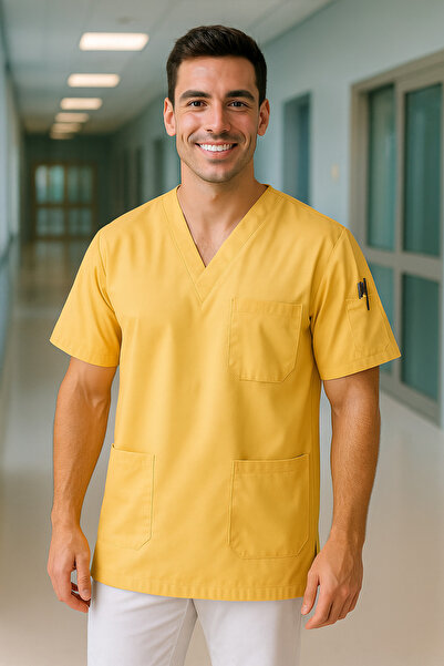 mirach Men's 4-Pocket Nurse and Doctor Scrubs Single Top Uniform Hospital Surgical Gown Comfortable Medical Clothing
