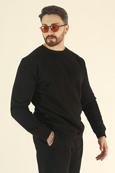 INFLUYENTE Ανδρικό χειμερινό σετ αθλητικής φόρμας Sweatshirt Jogger - Μαύρο κανονικό μαλακό λαιμόκοψη