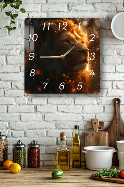 kutuTR Lion Themed Tempered Glass Square Clock 33X33 cm Size Uv Printing - Kcs051