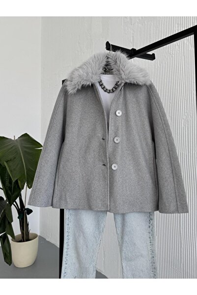 FERZOLAİO Gray Stamp Coat with Fur Collar