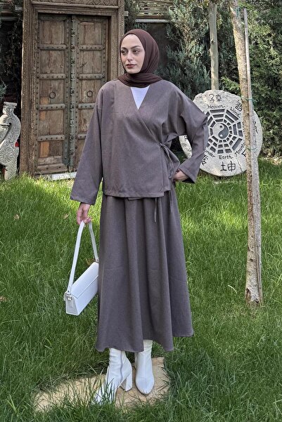 lamelif Lace-Up Detailed Skirt Suit in Mink Color