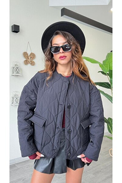 modadagiyim Women's Button Detailed Quilted Patterned Pocket Puff Coat